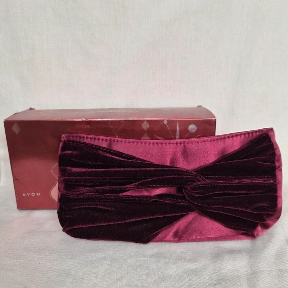 Avon Burgundy Velvet Satin Clutch Cosmetic Bag Y2K Retro Holiday Gift Box